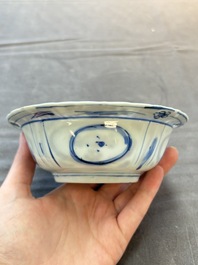Five Chinese blue and white 'klapmuts' bowls with figural design, Wanli