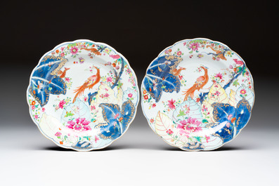 A pair of Chinese famille rose 'tobacco leaf' plates and a saucer, Qianlong