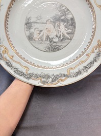 A rare and massive Chinese grisaille- and gold-decorated 'Venus bathing' dish, Qianlong