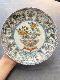 Three Chinese famille rose plates and a famille verte lobed plate, Kangxi/Qianlong