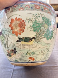 A Chinese famille rose 'mandarin ducks in a lotus pond' scroll pot, 19th C.