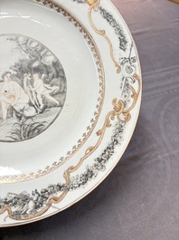 A rare and massive Chinese grisaille- and gold-decorated 'Venus bathing' dish, Qianlong