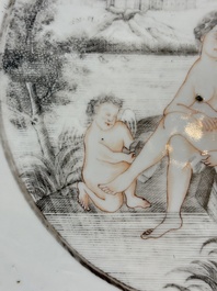 A rare and massive Chinese grisaille- and gold-decorated 'Venus bathing' dish, Qianlong
