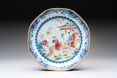 Three Chinese famille rose plates and a famille verte lobed plate, Kangxi/Qianlong