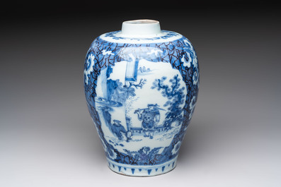 A blue and white Dutch Delft Transitional style chinoiserie vase, late 17th C.