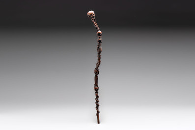 A finely carved boxwood 'vanitas' or 'memento mori' stick, 18/19th C.