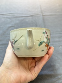 Three Chinese famille rose covered teapots and a warming bowl, Tongzhi, Guangxu and L&uuml; Zhi Xiang Zhi 呂芷薌製 marks, 19th C.