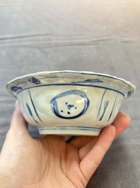 Five Chinese blue and white 'klapmuts' bowls with figural design, Wanli
