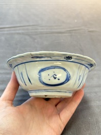 Five Chinese blue and white 'klapmuts' bowls with figural design, Wanli