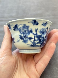Eight Chinese blue, white and iron-red cups and twelve saucers, Kangxi/Yongzheng