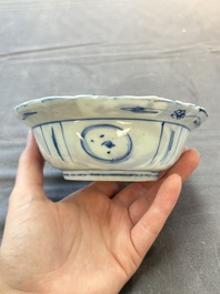 Five Chinese blue and white 'klapmuts' bowls with figural design, Wanli