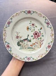 Three Chinese famille rose plates and a famille verte lobed plate, Kangxi/Qianlong