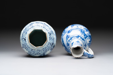 A blue and white Dutch Delft Transitional style chinoiserie vase and a jug, late 17th C.