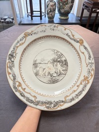 A rare and massive Chinese grisaille- and gold-decorated 'Venus bathing' dish, Qianlong