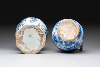 A blue and white Dutch Delft Transitional style chinoiserie vase and a jug, late 17th C.