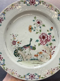 Three Chinese famille rose plates and a famille verte lobed plate, Kangxi/Qianlong