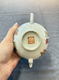 Three Chinese famille rose covered teapots and a warming bowl, Tongzhi, Guangxu and L&uuml; Zhi Xiang Zhi 呂芷薌製 marks, 19th C.