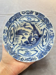 Five Chinese blue and white 'klapmuts' bowls with figural design, Wanli