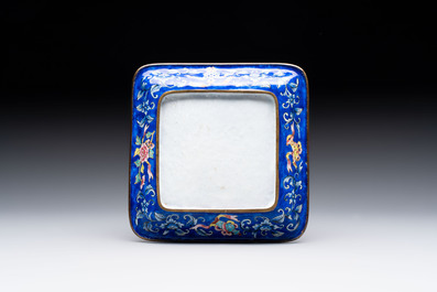 A Chinese Canton enamel mustard jar and square dish, Qianlong/Jiaqing