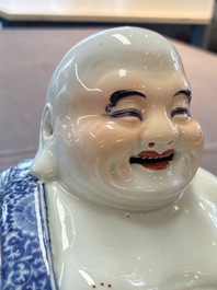 A Chinese blue, white and iron-red Milefo Buddha, Zhu Mao Ji 朱茂記造 mark, 20th C.