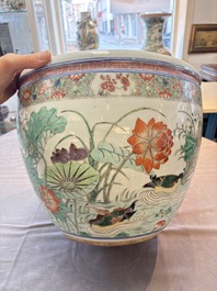 A Chinese famille rose 'mandarin ducks in a lotus pond' scroll pot, 19th C.