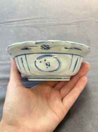 Five Chinese blue and white 'klapmuts' bowls with figural design, Wanli