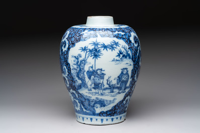 A blue and white Dutch Delft Transitional style chinoiserie vase, late 17th C.