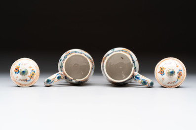 A pair of polychrome Dutch Delft mustard jars and covers, 18th C.