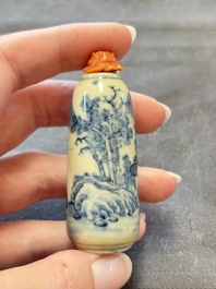 Two Chinese blue, white and copper-red snuff bottles and two blue and white snuff bottles, 19th C.