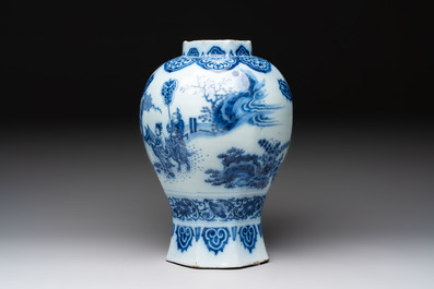 A blue and white Dutch Delft Transitional style chinoiserie vase, late 17th C.