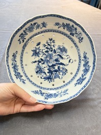 Seven Chinese blue and white plates and dishes with floral design, 18th C.