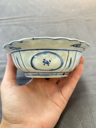 Five Chinese blue and white 'klapmuts' bowls with figural design, Wanli