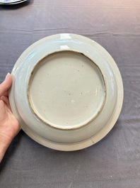 Seven Chinese blue and white plates and dishes with floral design, 18th C.