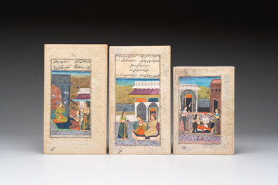 Five Persian miniatures and a lacquered book cover, Qajar, Iran, 19th C.