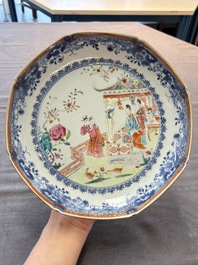 Three Chinese famille rose plates and a famille verte lobed plate, Kangxi/Qianlong