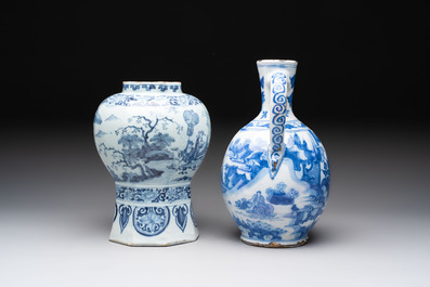A blue and white Dutch Delft Transitional style chinoiserie vase and a jug, late 17th C.