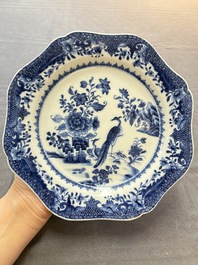 Seven Chinese blue and white plates and dishes with floral design, 18th C.