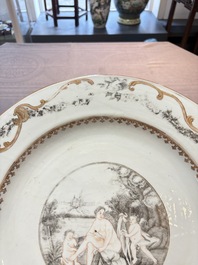 A rare and massive Chinese grisaille- and gold-decorated 'Venus bathing' dish, Qianlong