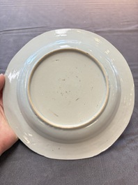 Six Chinese blue and white plates and a dish with landscape design, 18th C.