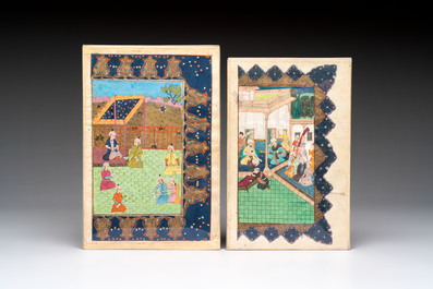 Five Persian miniatures and a lacquered book cover, Qajar, Iran, 19th C.