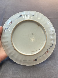 Three Chinese famille rose plates and a famille verte lobed plate, Kangxi/Qianlong
