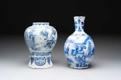 A blue and white Dutch Delft Transitional style chinoiserie vase and a jug, late 17th C.
