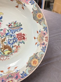 A Chinese famille rose basin with a deer and antiquities, Qianlong