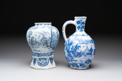 A blue and white Dutch Delft Transitional style chinoiserie vase and a jug, late 17th C.