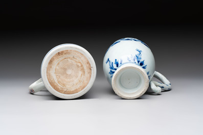 A Chinese blue and white jug and an Imari-style tankard, Transitional period/Kangxi
