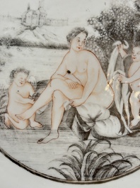 A rare and massive Chinese grisaille- and gold-decorated 'Venus bathing' dish, Qianlong
