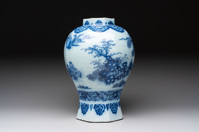 A blue and white Dutch Delft Transitional style chinoiserie vase, late 17th C.