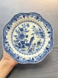 Seven Chinese blue and white plates and dishes with floral design, 18th C.