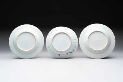 Three Chinese famille rose plates and a famille verte lobed plate, Kangxi/Qianlong