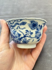 Eight Chinese blue, white and iron-red cups and twelve saucers, Kangxi/Yongzheng